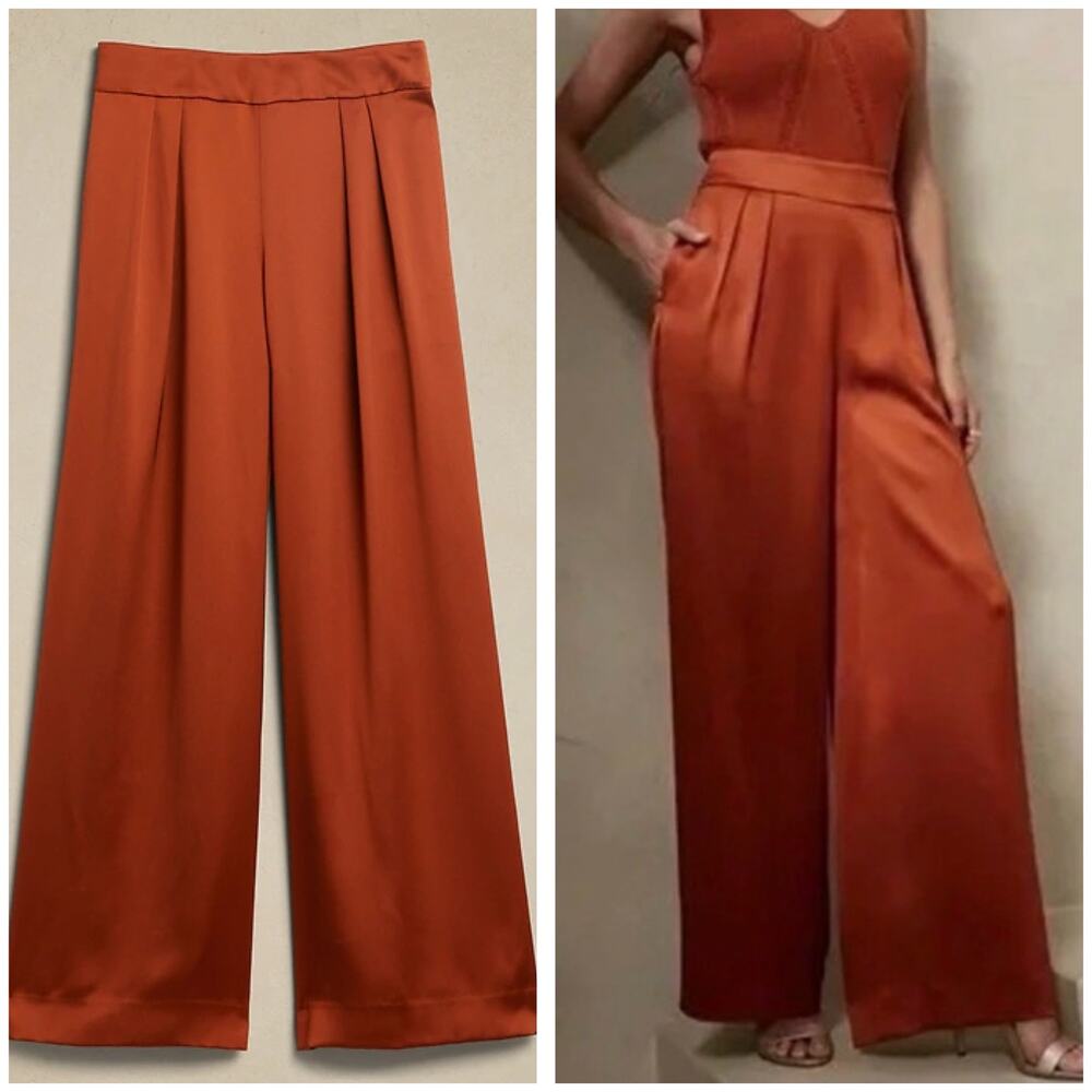 Banana Republic Pleated Wide-Leg Pants Size 6 Burnt Orange Satin Chic Classic